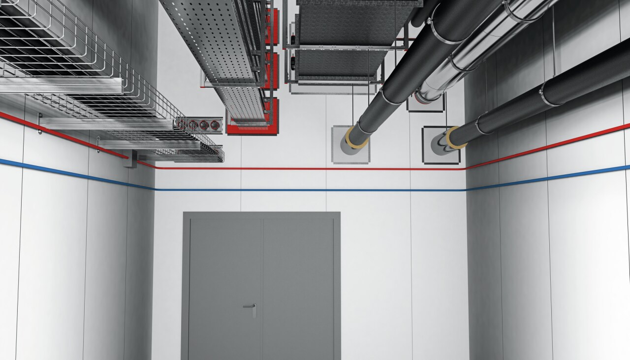 Tuyaux et rails de supportage au plafond