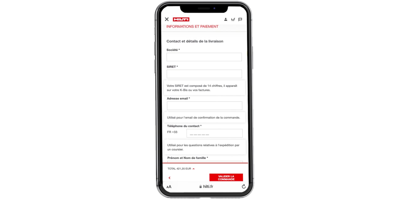 confirmation panier hilti sur mobile 