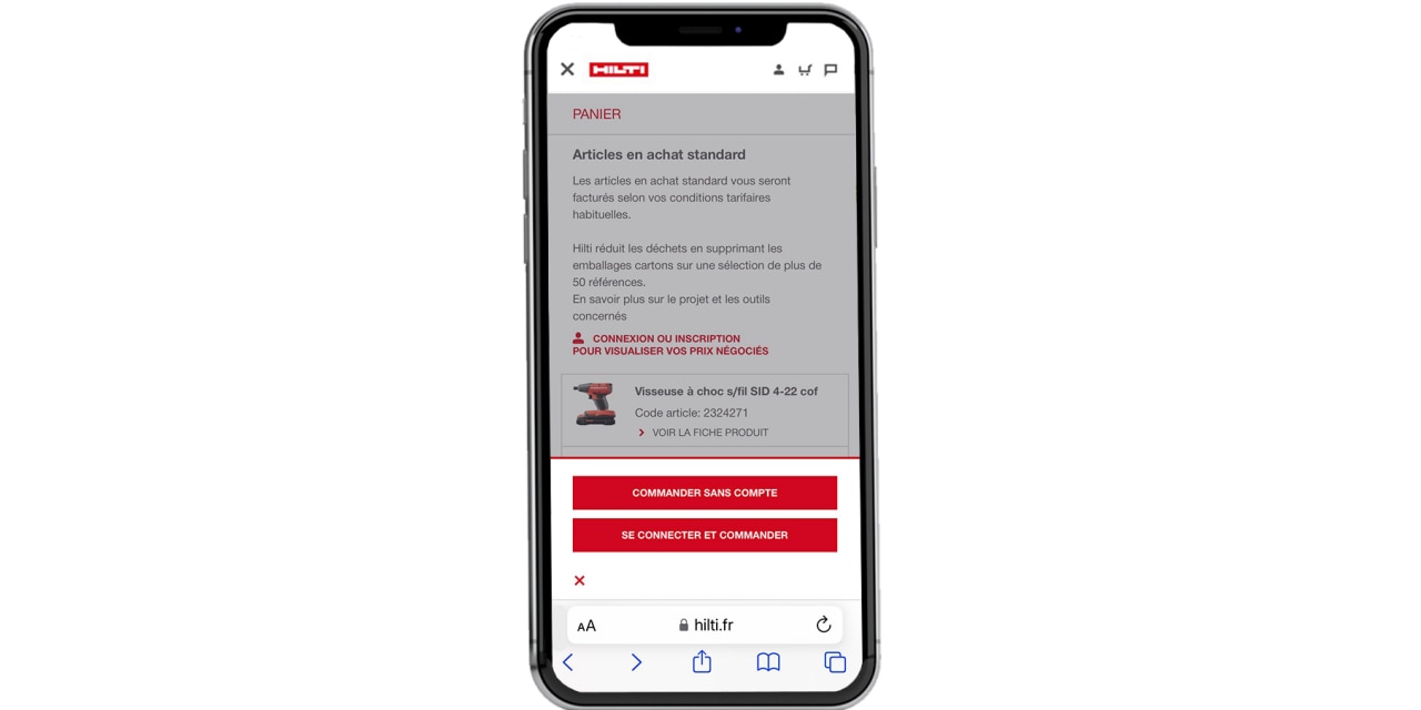 confirmation panier hilti sur mobile 