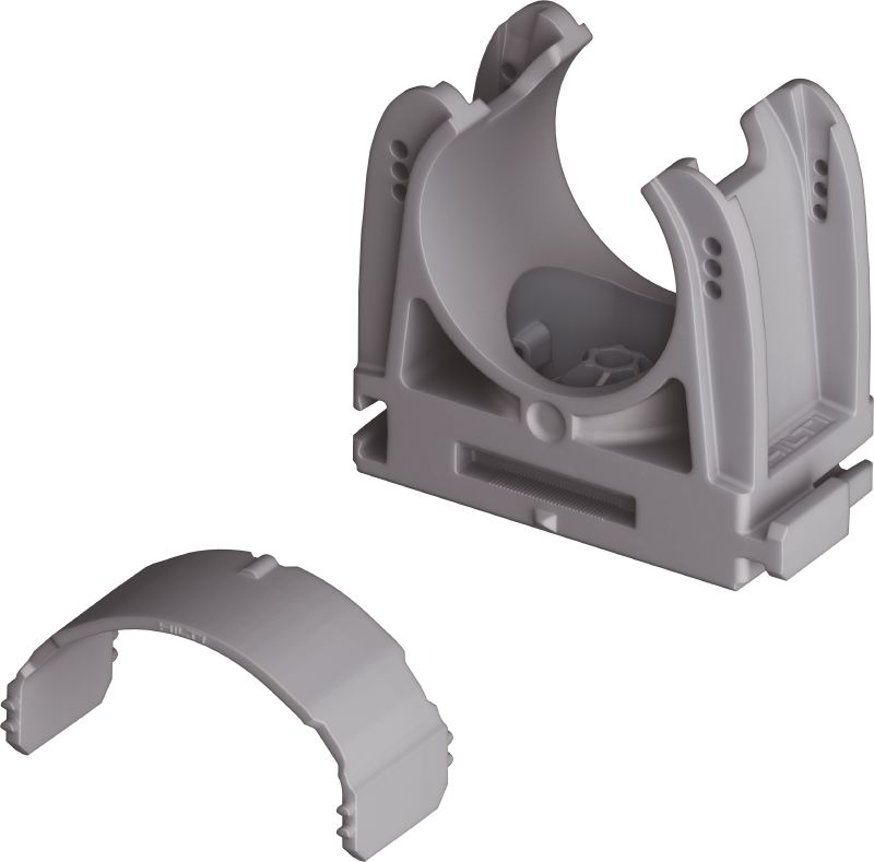 Fixation de tube X-EKSC MX (02) Fixation de tube à fermoir optimisée pour les clous en bande et compatible avec une large variété de méthodes de fixation et de matériaux supports