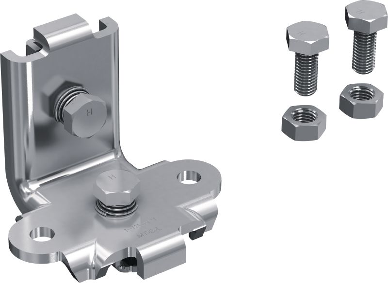 Support d'angle parasismique pré-assemblé MT-S-L FL Support d'angle avec bouton d'assemblage rapide (Fast Lock) pré-assemblé pour le montage de structures de rails de supportage MT soutenues dans des zones sismiques