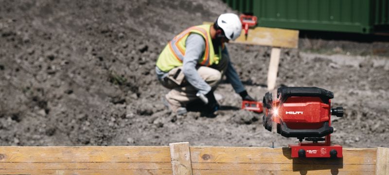 PR 40-22 Niveau laser rotatif en pente simple Niveau laser rotatif extérieur robuste avec fonctions automatiques pour le nivellement, l'alignement, l'inclinaison et l'équerrage longue distance (plateforme de batteries Nuron) Applications 1