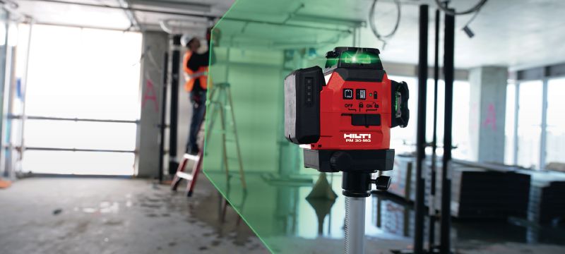 Laser multidirectionnel PM 30-MG Laser multidirectionnel compact - 3 lignes vertes 360° à auto-alignement pour accélérer le nivellement, l'alignement et l'équerrage (plateforme de batteries 12 V) Applications 1